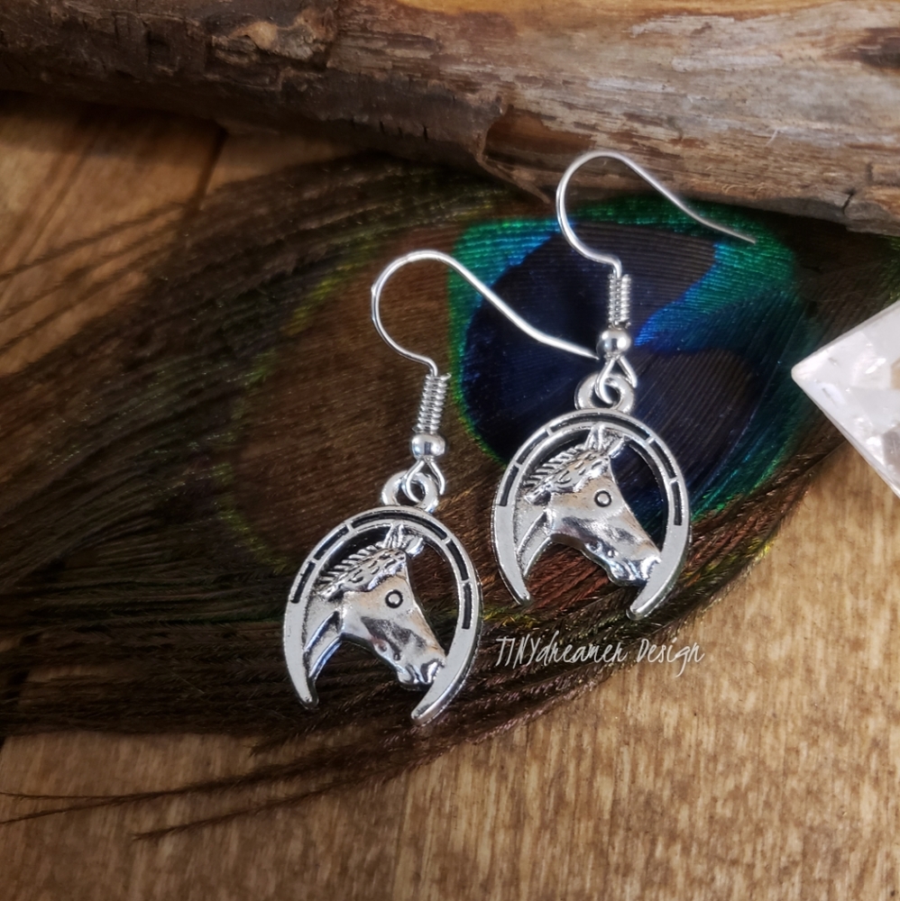 Silver Lucky Horseshoe Horse earrings ~Equine~Equestrian~Cowboy~Western Jewelry